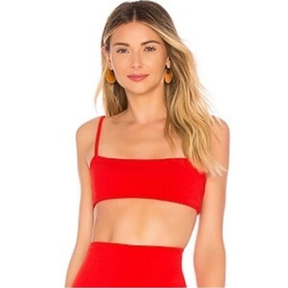 Mara Hoffman Sia Red Ribbed Straight Neck Bikini Swimsuit Top Size XS